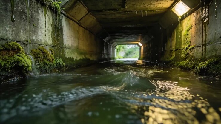Upstream surge increasing, flowing stream forming central crest inside concrete culvert
