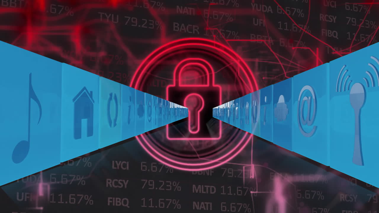 animación de iconos 3d con tablero de negociación y candado en círculos sobre un fondo abstracto