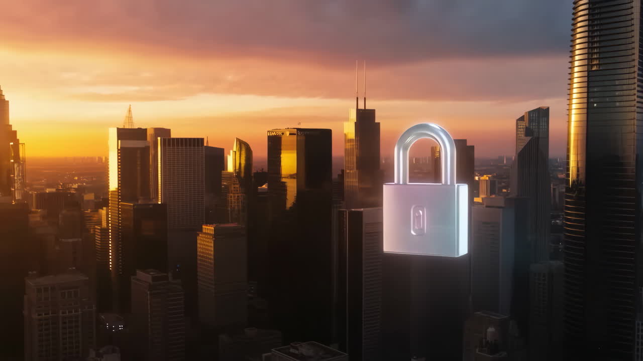 Digital Security Padlock Over Modern City Skyline at Sunset