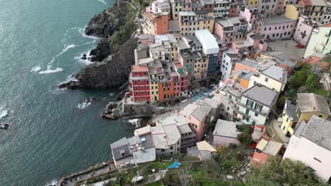 Riomaggiore-Cinque-Terre-Italy-aerial-overhead-static-view-of-downtown