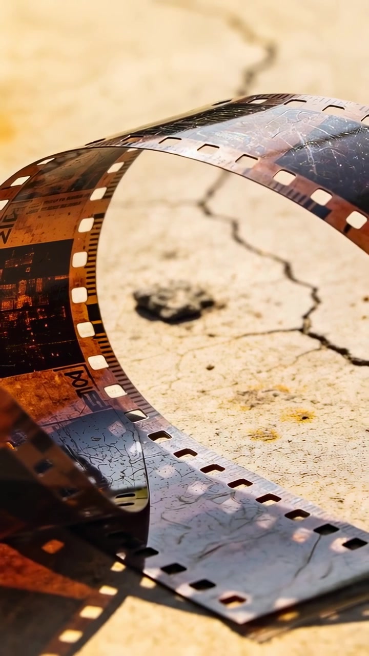 Vertical video: Settling curled 35mm film strip as camera focusing on sunlit concrete, showing dust