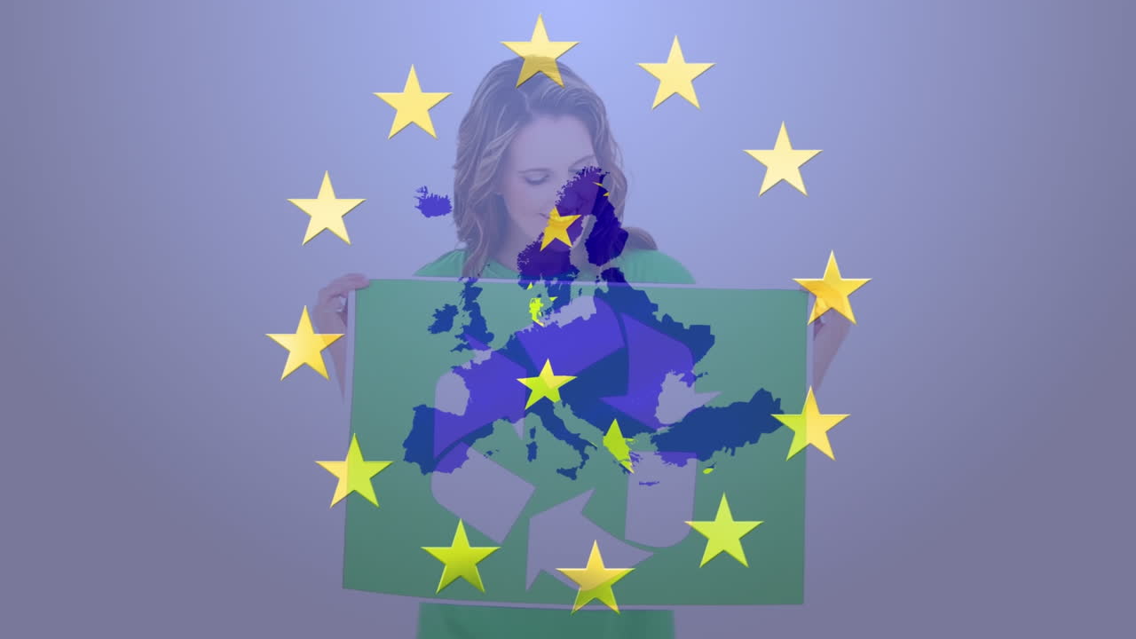 지도 위에 있는 유럽 연합의 별들의 애니메이션과 재활용 표지판을 가진 백인 여성