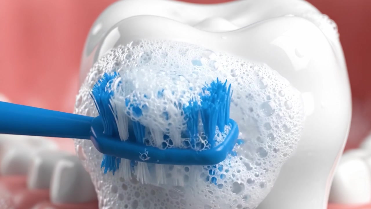 A Close-Up View of Tooth Brushing with Foamy Toothpaste, Highlighting Oral Hygiene and Dental Care Practices for Healthy Teeth and Gums
