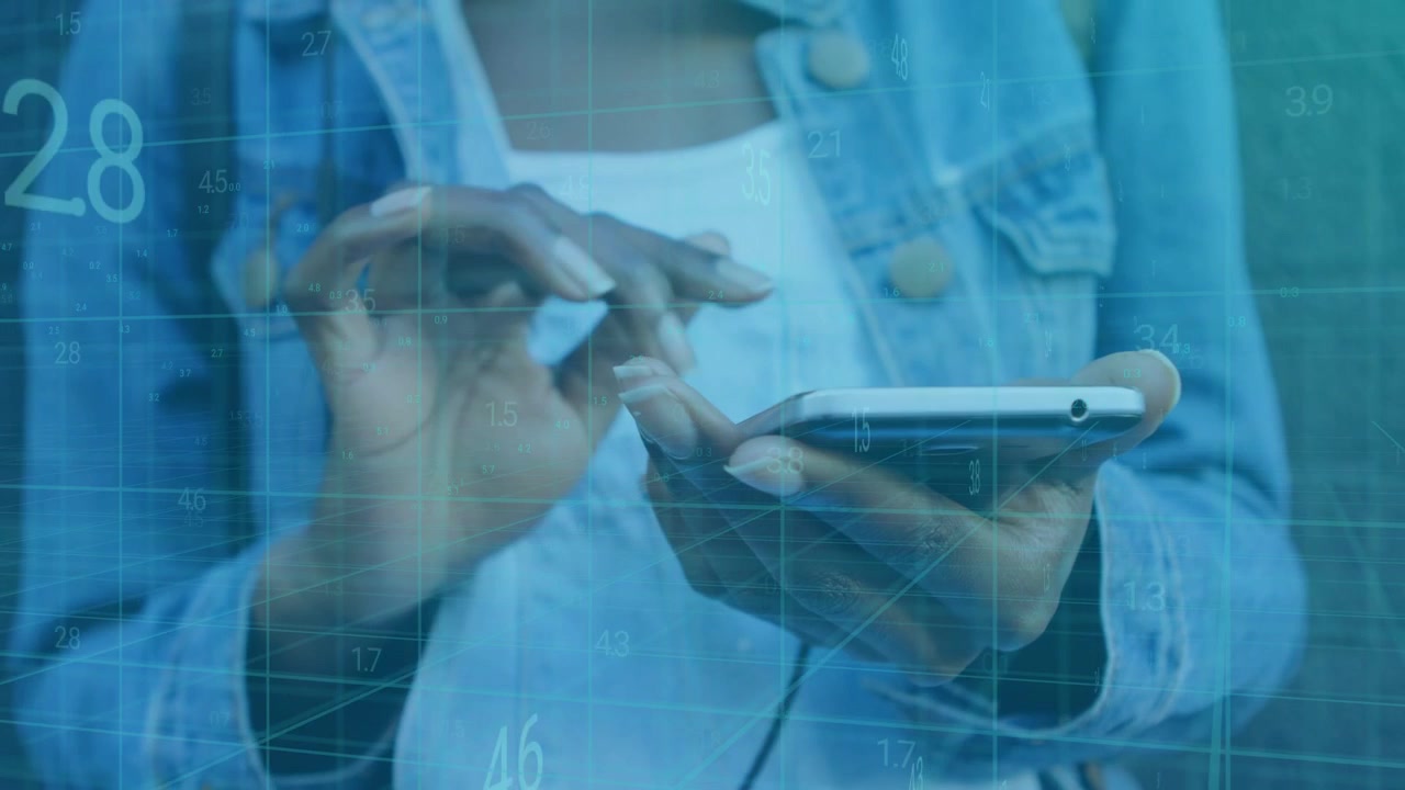 Woman tapping smartphone screen and swiping while animated tech HUD updating numbers for analytics