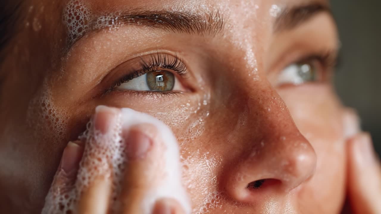 A Close-Up Encounter with Refreshing Skincare: The Art of a Gentle Cleanse Highlighting Lather and Radiance in a Cleanser Application Process