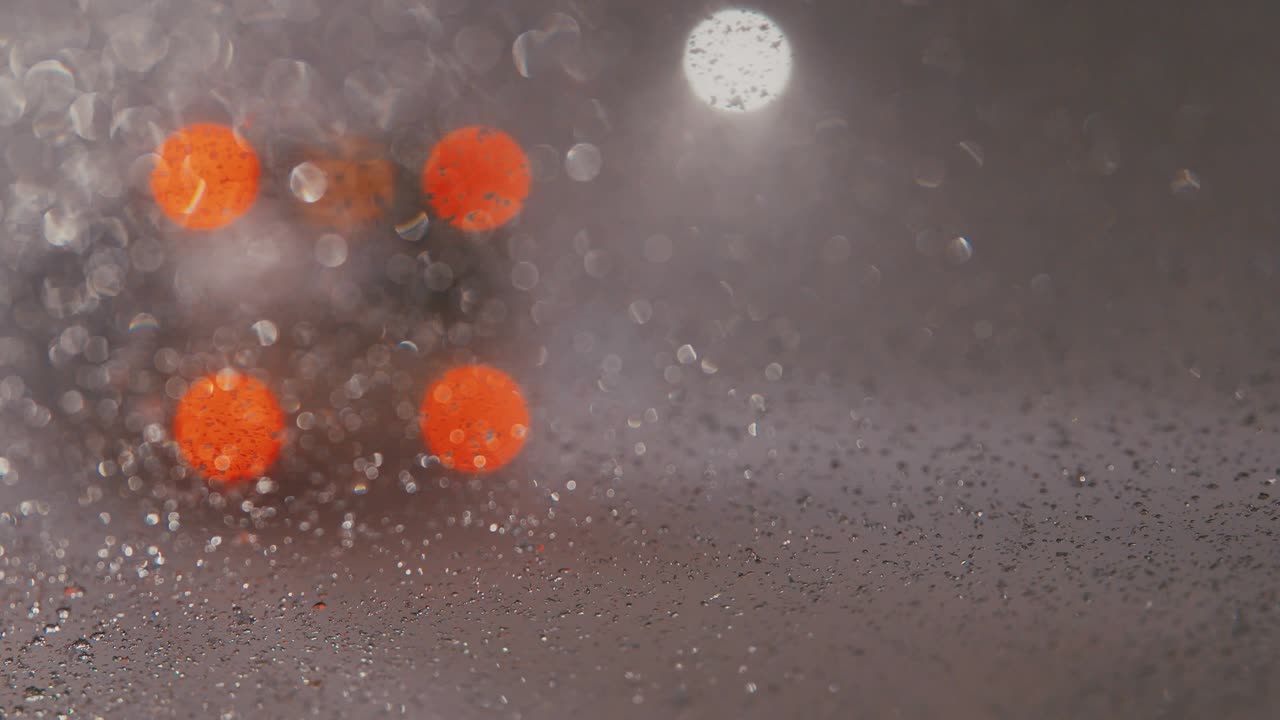 밤에는 도시 조명과 함께 흐릿한 도시 풍경, 흐릿한 배경, 도로에서 기계를 타고, 도시에서 눈이 내리고, 차 앞 유리 기기는 창문에서 눈을 청소합니다.