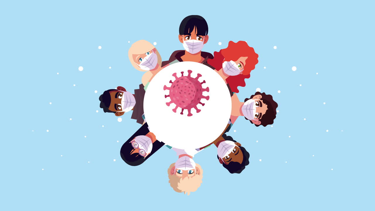 얼굴 마스크와 코로나19 입자를 사용하는 사람들