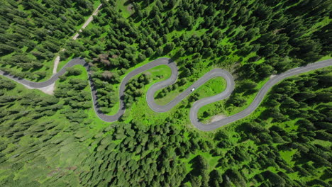 top down drone shot of a car driving along the iconic snake road of giau pass in the dolomites, italy