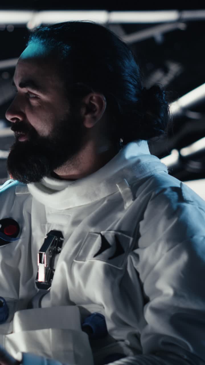 Vertical video Astronaut blinded by light from alien vessel while mapping unknown worlds