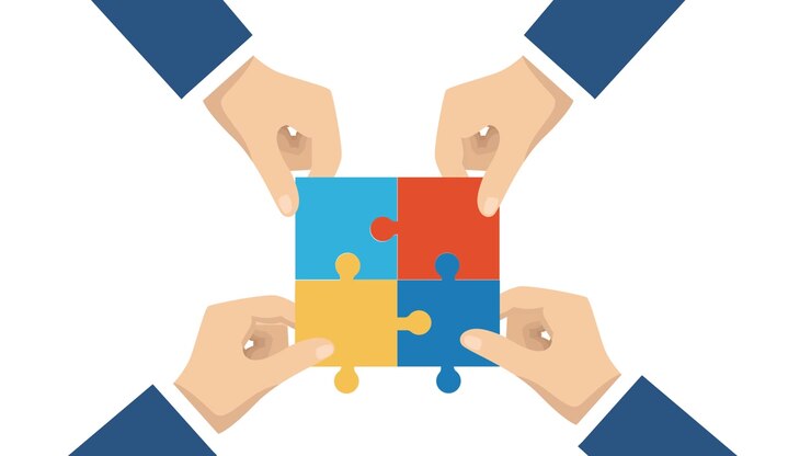Animated Hands Assembling Puzzle Pieces for Teamwork and Collaboration