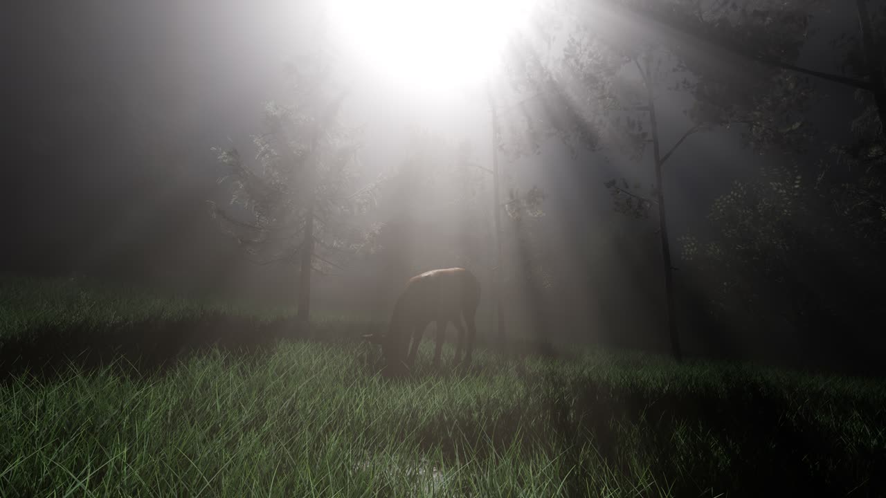 hembra de ciervo en el bosque en la niebla