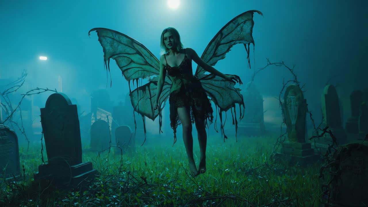 Ethereal Winged Figure in a Misty Graveyard