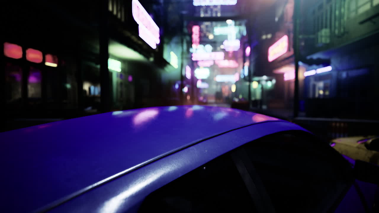 Vibrant neon lights illuminate an urban alley at night