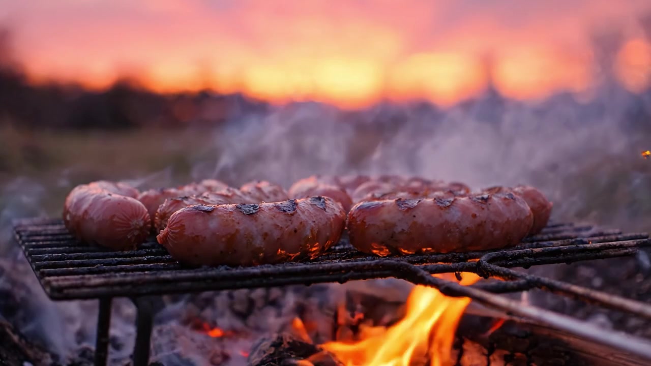 Sizzling Sausages on a Grill Amidst a Beautiful Sunset: A Captivating Outdoor Cooking Experience