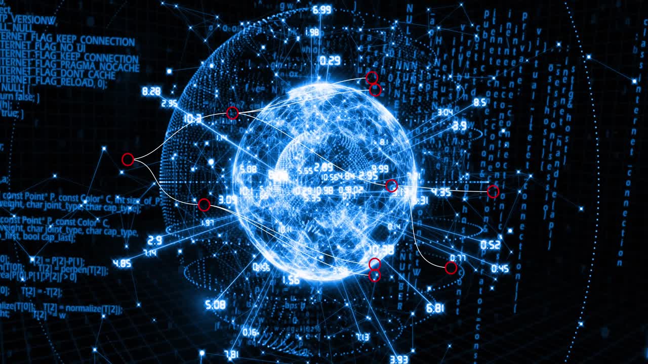 animación del globo con números que giran sobre códigos binarios y lenguaje de programación