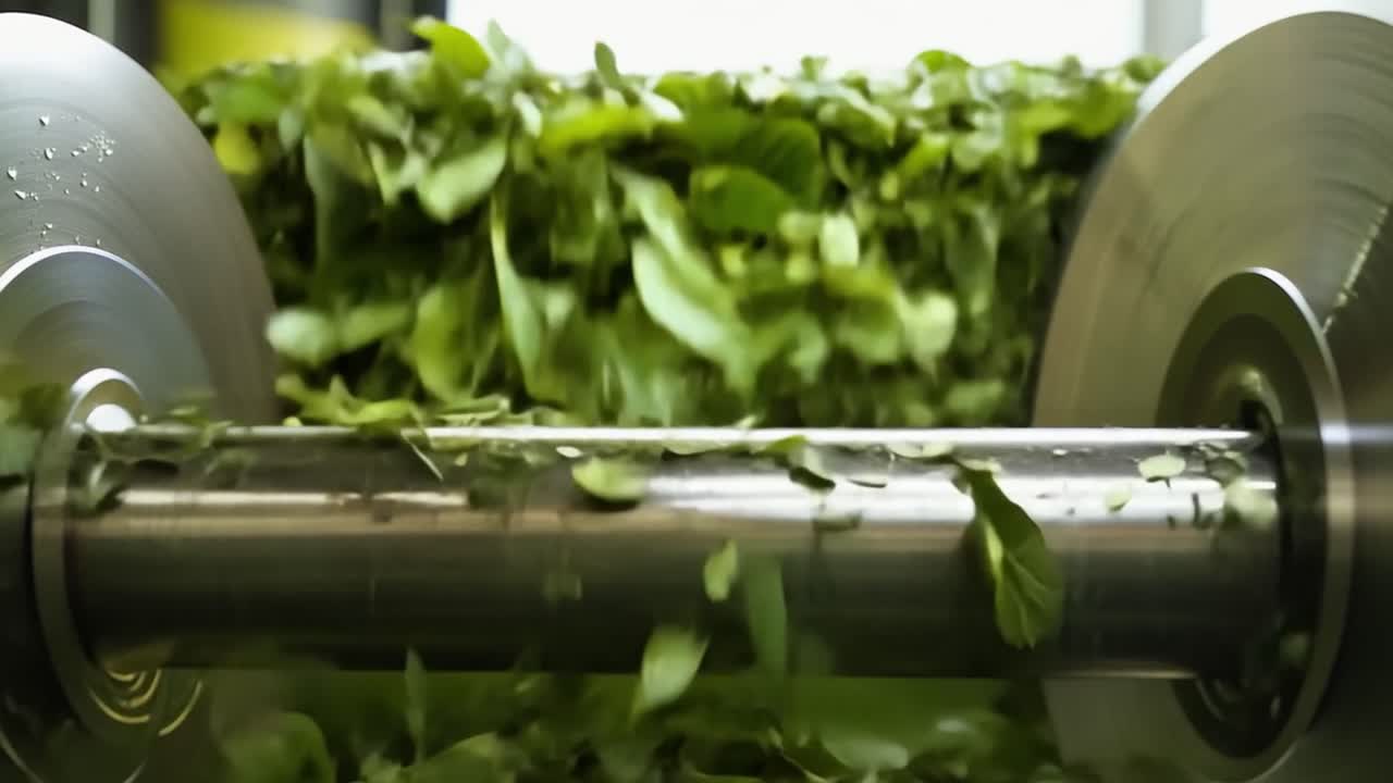 Tea leaves being processed in a rolling machine