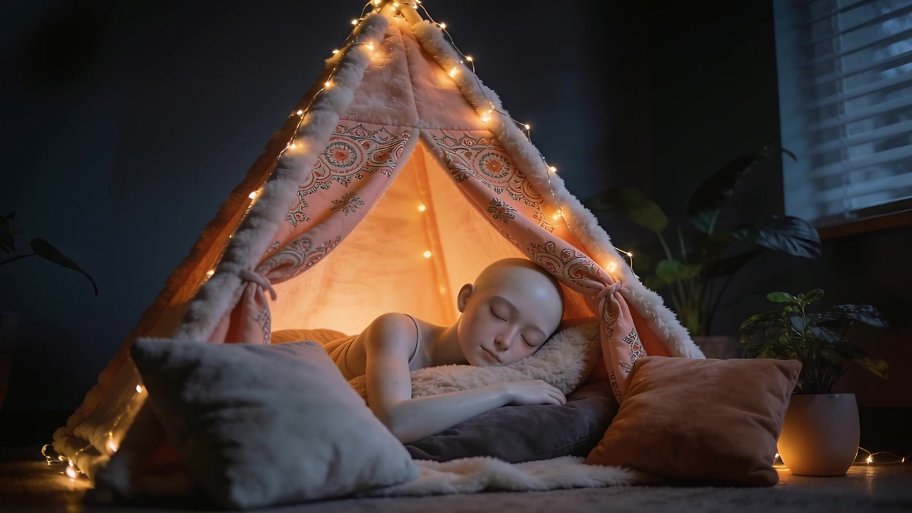 Bokeh suave recuando, revelando criança cochilando vestida dentro de uma tenda tipi no quarto, luzes projetando um brilho quente.