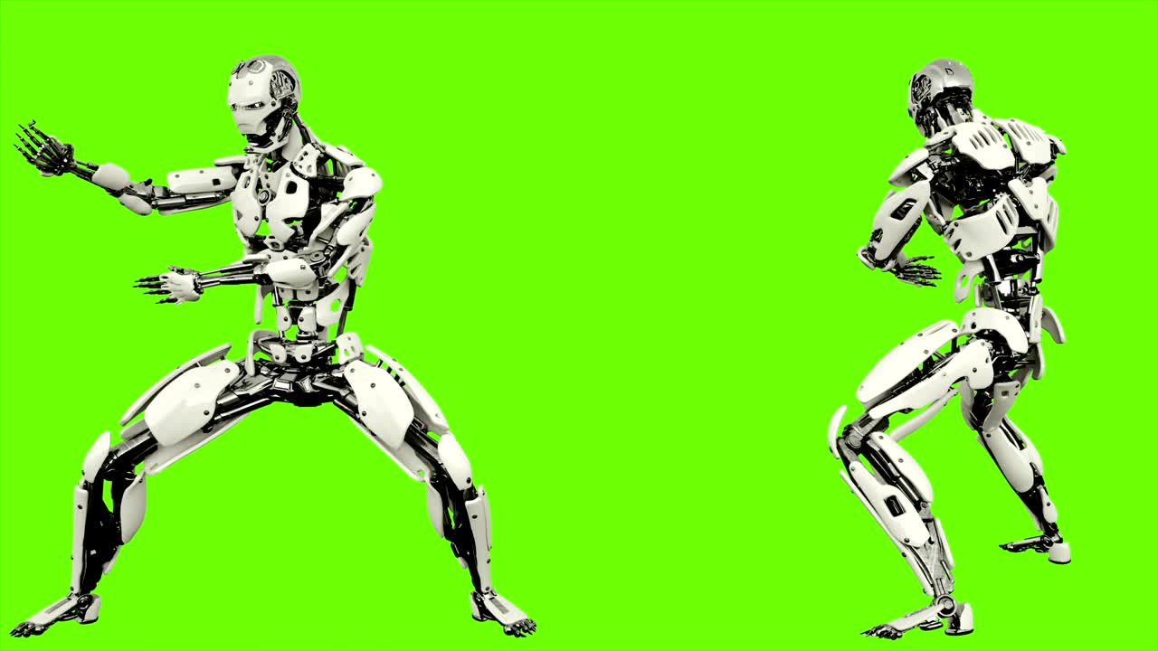 Robot android is shows your fighting skills Realistic looped motion on green screen background. 4K
