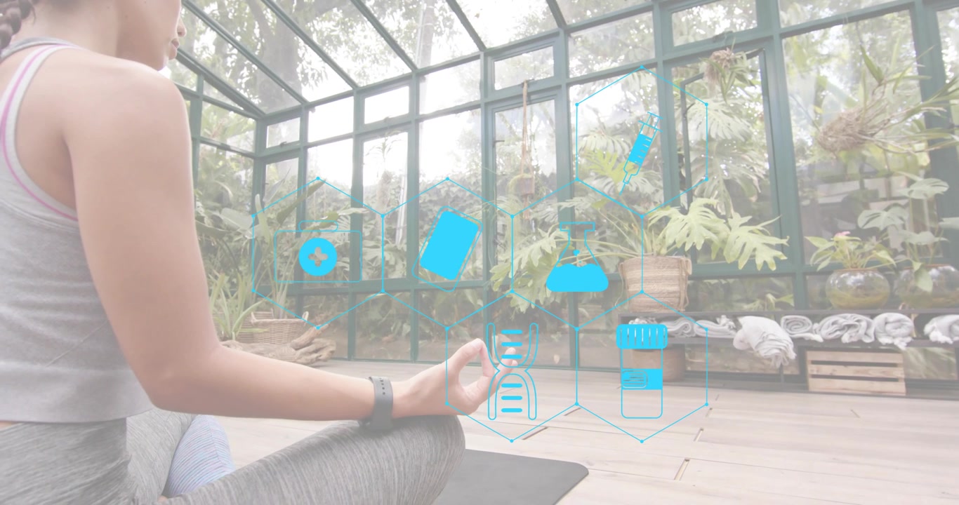 Woman settling into meditation activating wellness overlay animating smartphone and hydration icons