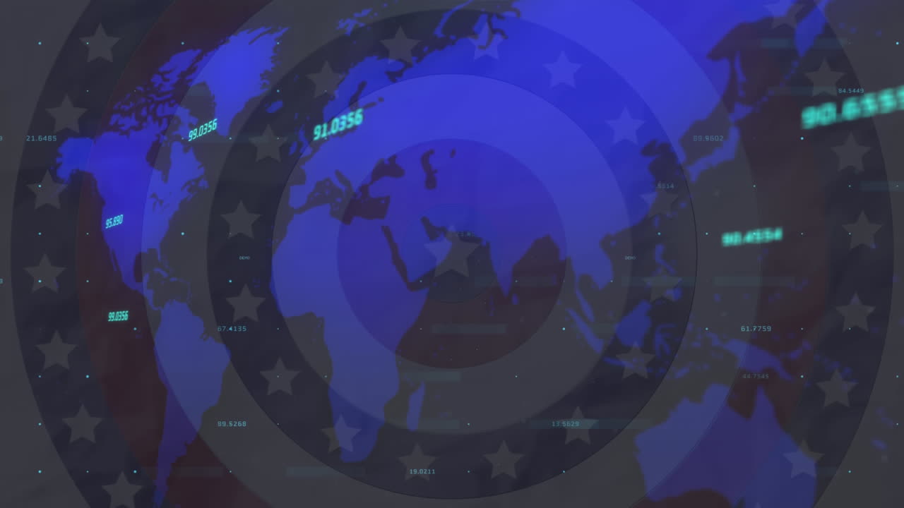세계 지도와 미국  ⁇ 발을 형성하는 원 위에서 변화하는 숫자의 애니메이션