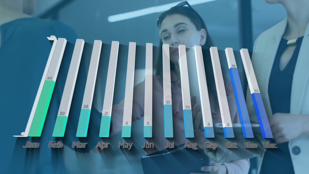 Bar graph animation over diverse business people discussing in modern office