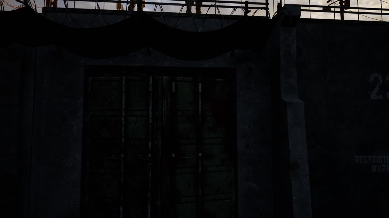 muro de defensa de supervivencia perimetral en un entorno árido del desierto, con dos soldados de guardia, al atardecer, animación 3d, paisaje animado, cámara dolly arriba y zoom en