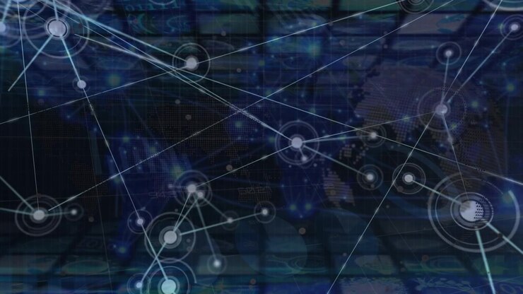 Animation of network of connections over data processing and globe on black background