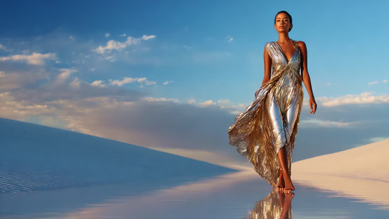 A Graceful Figure Stands Elegantly in a Captivating Desert Landscape Under a Beautiful Sky, Showcasing a Stunning Metallic Dress and Exuding Poise and Confidence with Every Step