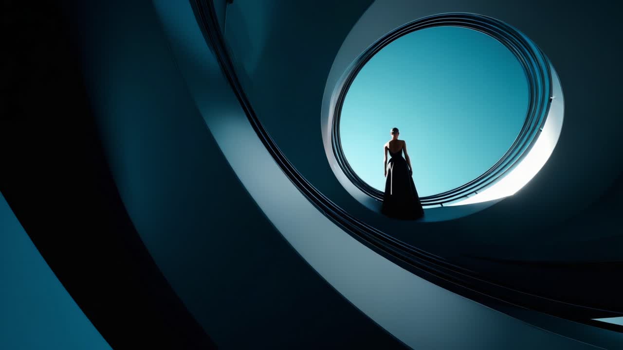 An elegant figure stands in a captivating architectural space defined by sweeping curves and vibrant colors, creating a striking visual contrast and an artistic atmosphere