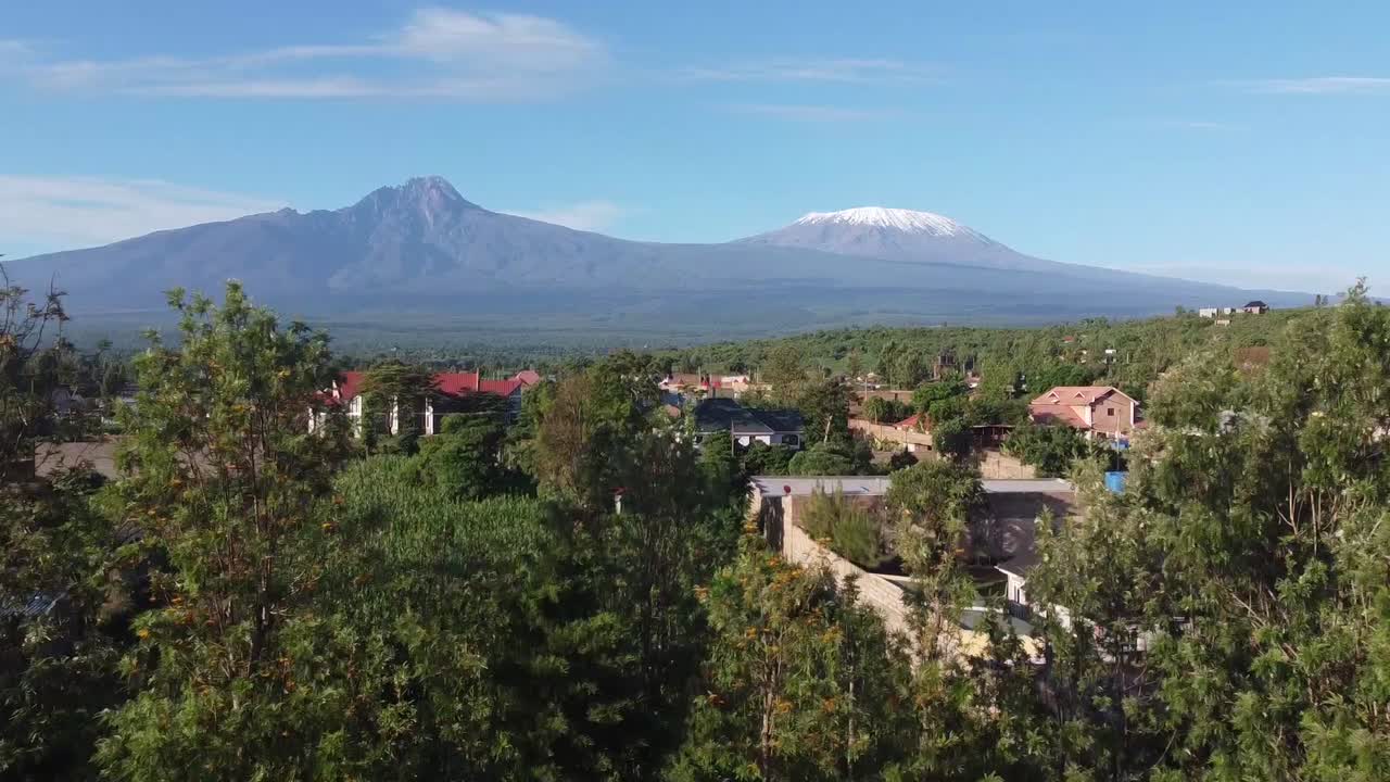 Rural town Illasit with lush greenery near Mount Kilimanjaro under blue sky