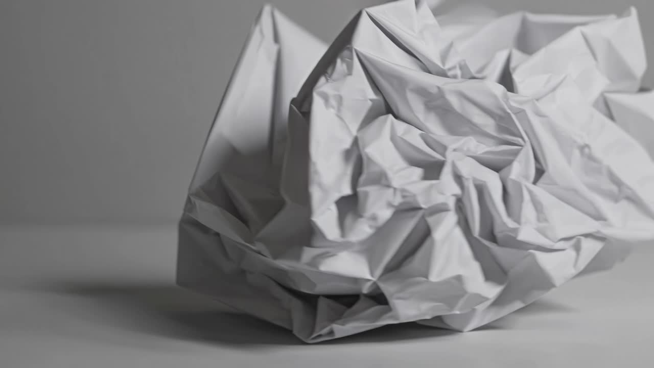 Close-up shot of crumpled white paper against a gray background, showcasing texture and form