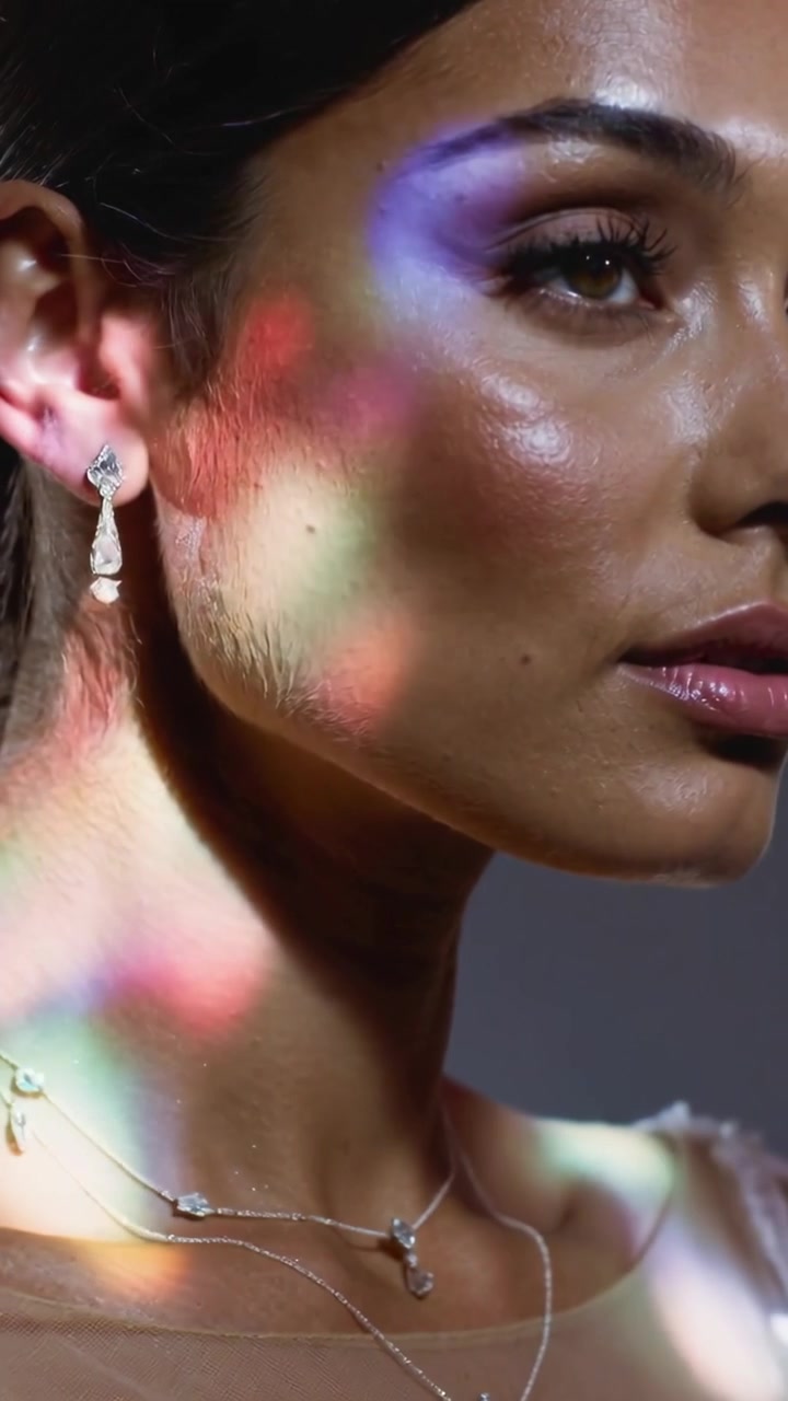 Video verticale: Prisma proiettante che avvolge una donna in pizzo in studio, inclinando per mostrare orecchini di diamanti