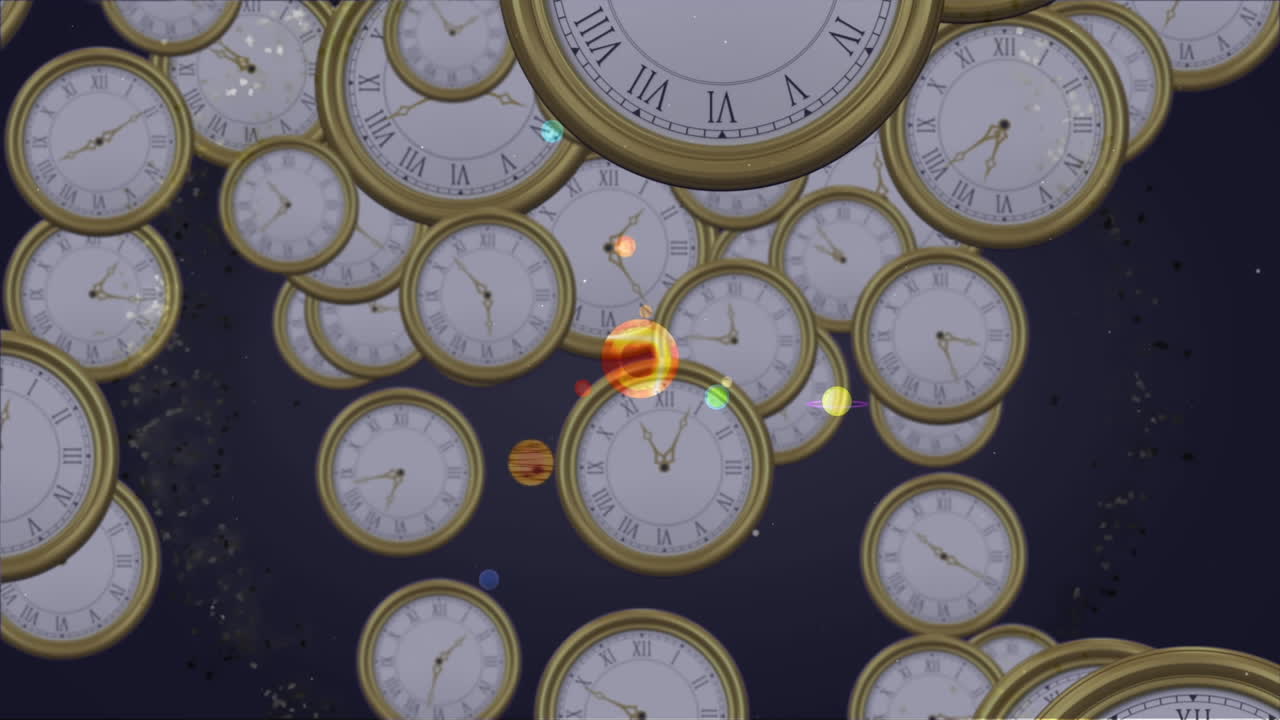Animation of solar system, planets and space over clocks ticking