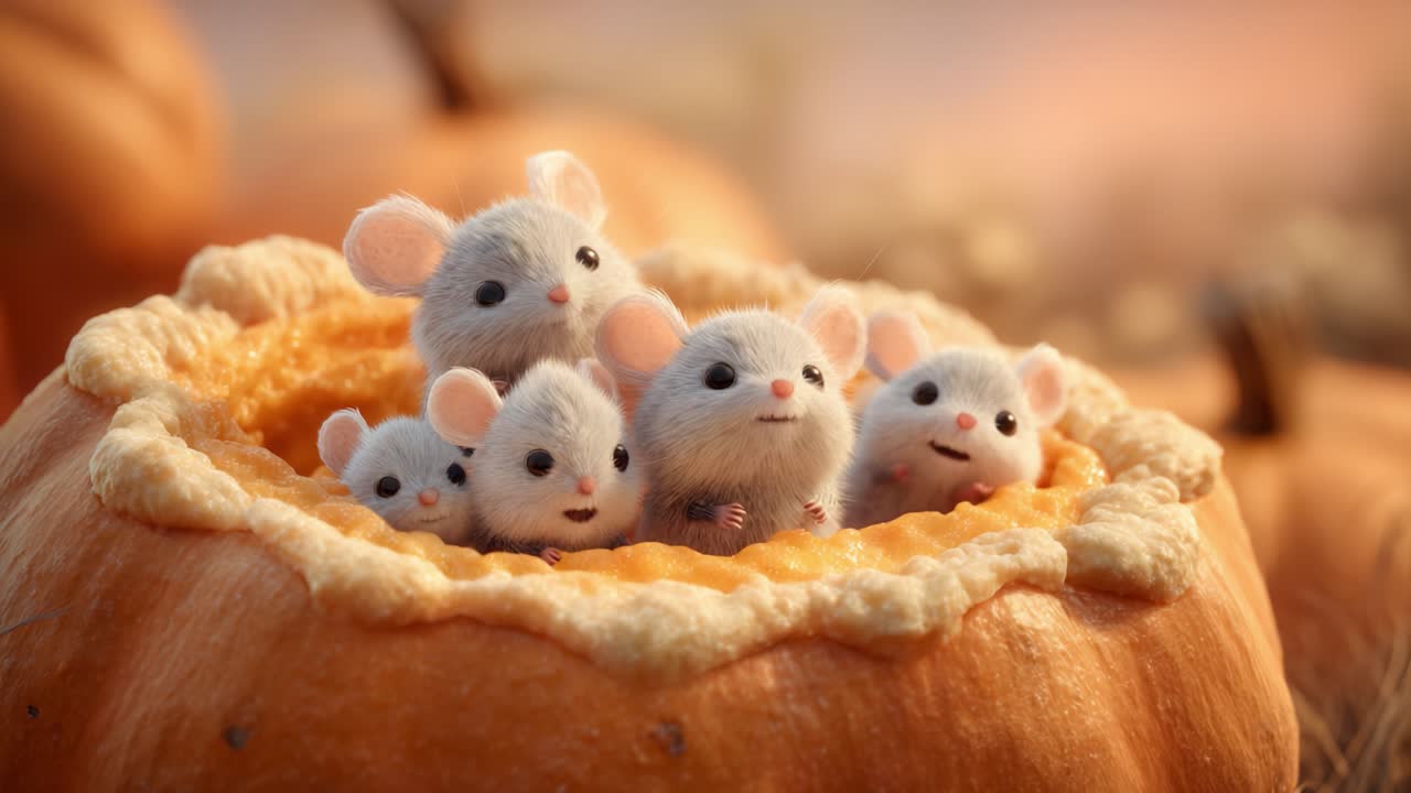 A Heartwarming Gathering of Cute and Cuddly Mice Nestled in a Pumpkin, Celebrating the Beauty of Nature with Exquisite Detail and Soft Textures