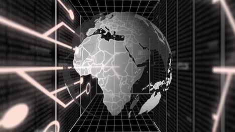 Animation-of-globe,-circuit-board-and-data-processing-over-computer-servers