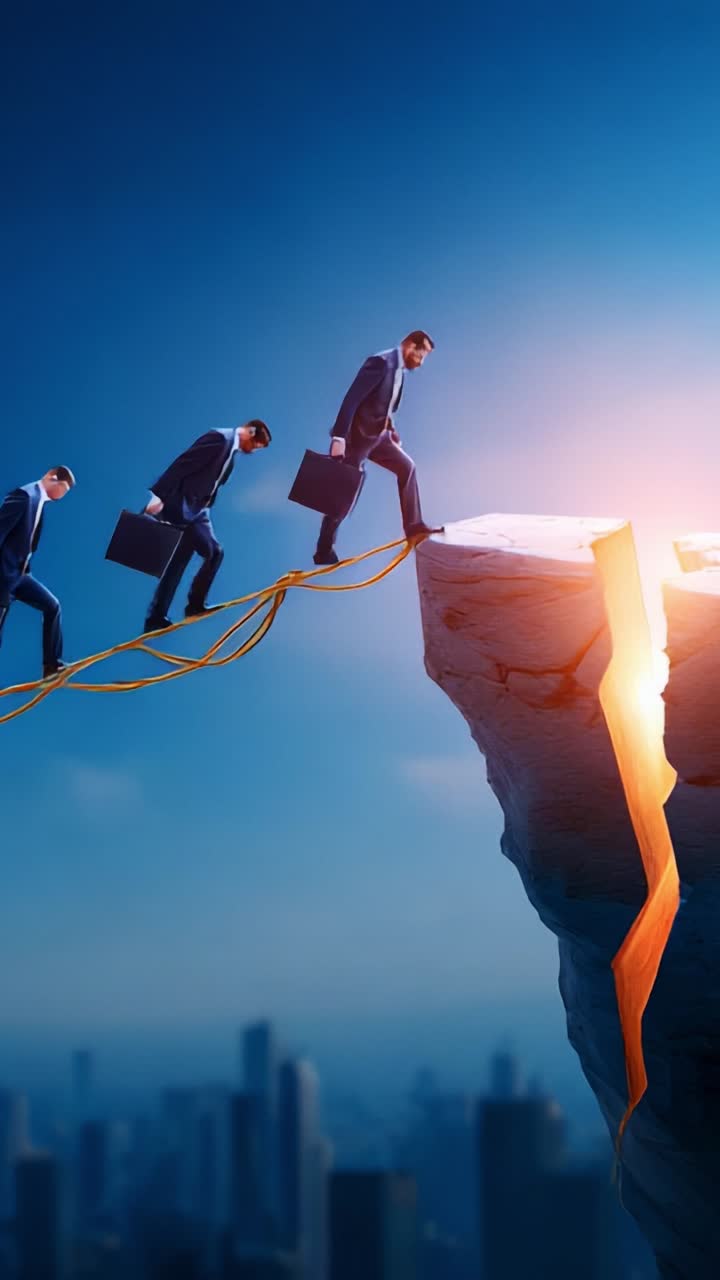A Group of Businessmen Courageously Crossing a Narrow Bridge Over a Deep Chasm, Symbolizing Risk and Determination in the Corporate World