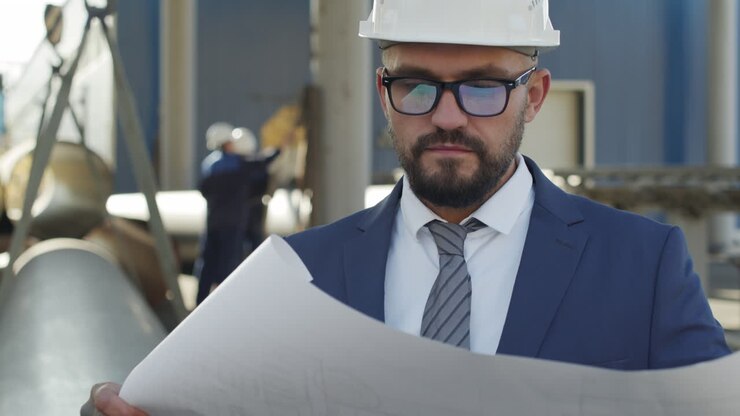 Engineer Studying Blueprint in Industrial Workplace