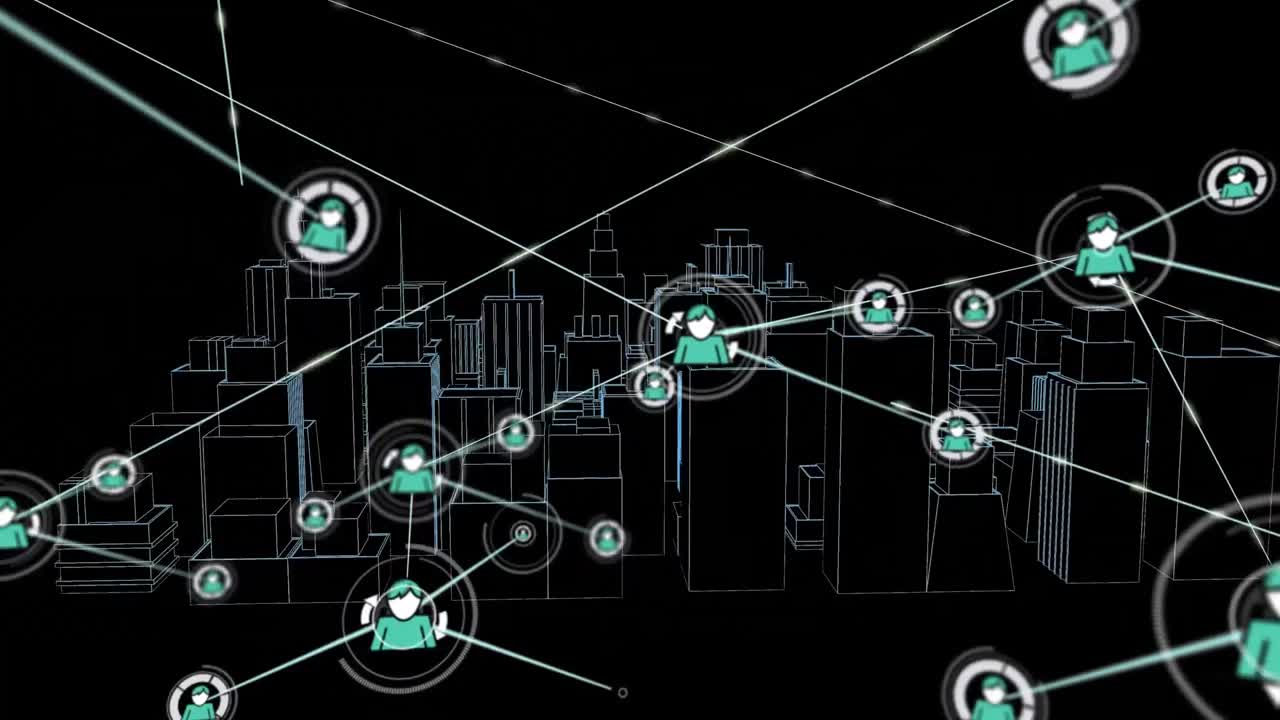 Animation of network of connections with icons over 3d city drawing on black background
