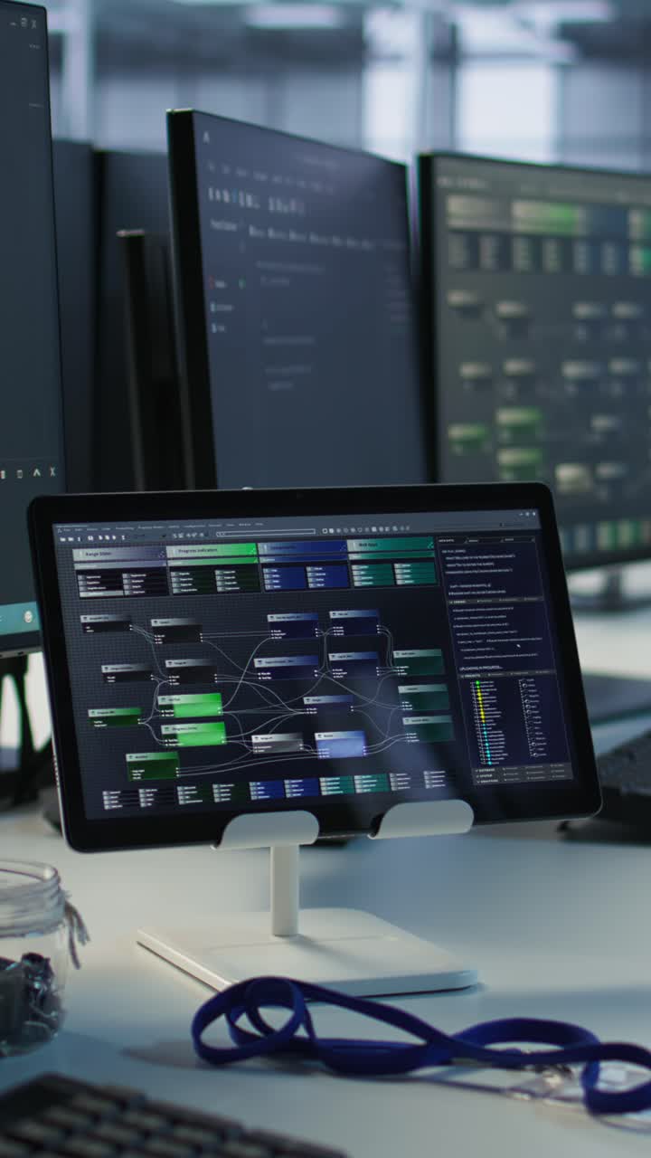 Vertical video Equipment in data center workplace used for monitoring performance