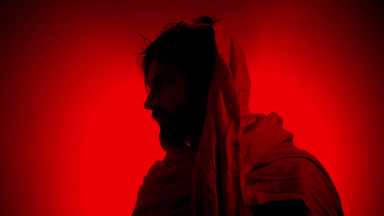 Jesus Christ wearing crown of thorns for Christianity, Easter visual, bible scene or temptation, prayer, worship visual.