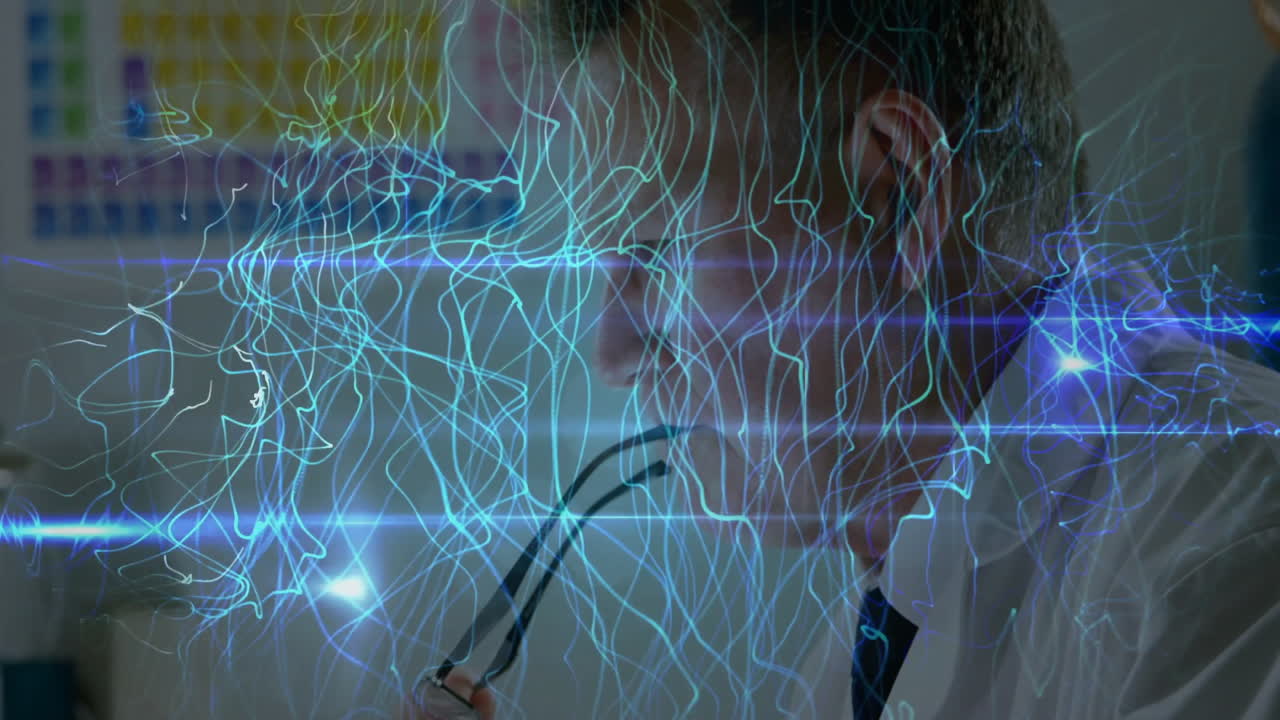 Examining data, scientist analyzing glowing neural network animation in lab