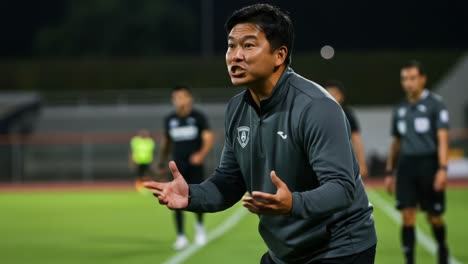 passionate coach demonstrating tactical instructions on the field during an intense training session in a nighttime soccer match setting