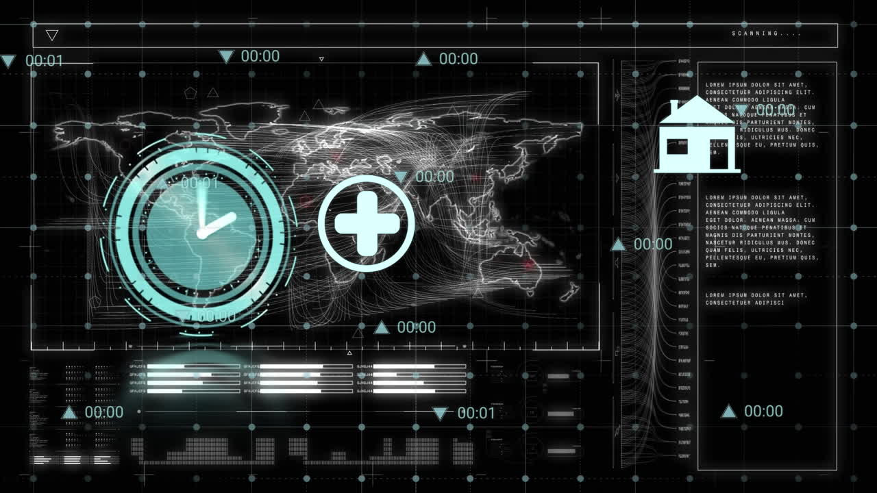 플로팅 아이콘, 디지털 시계, 프로그래밍 언어, 디지털 지도 위의 그리드 패턴의 애니메이션