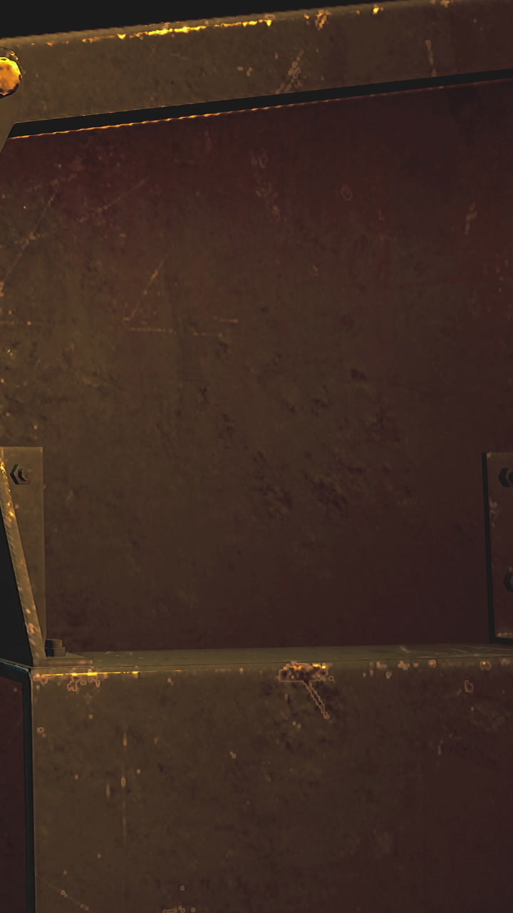 Old wooden box sits in dark space with rusty texture and age marks