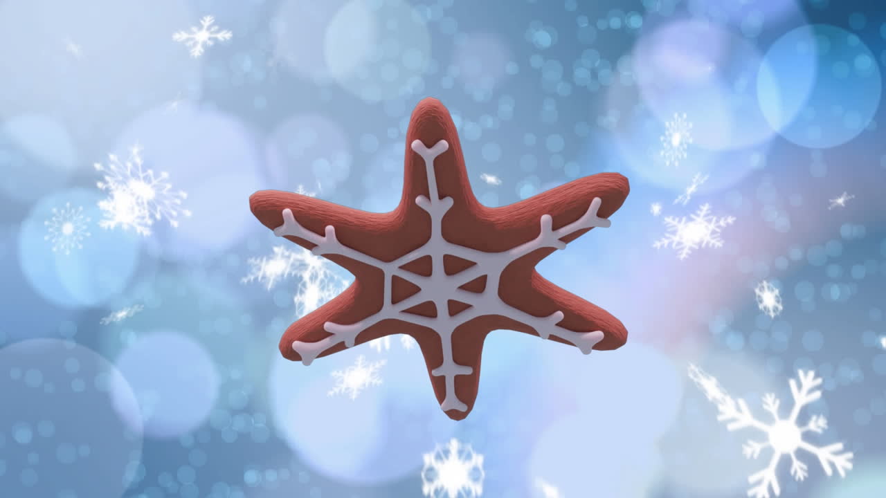 animación de la estrella de navidad galleta de pan de jengibre sobre la nieve cayendo y luces bokeh.