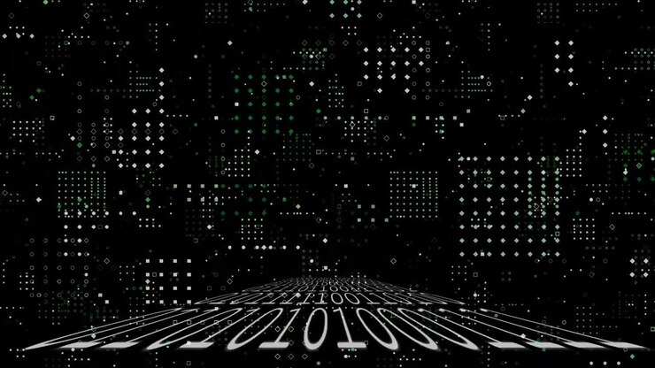 Animation of computer circuitboard over binary data and information processing
