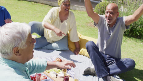 two happy diverse senior men talking at a picnic with friends in sunny garden, slow motion