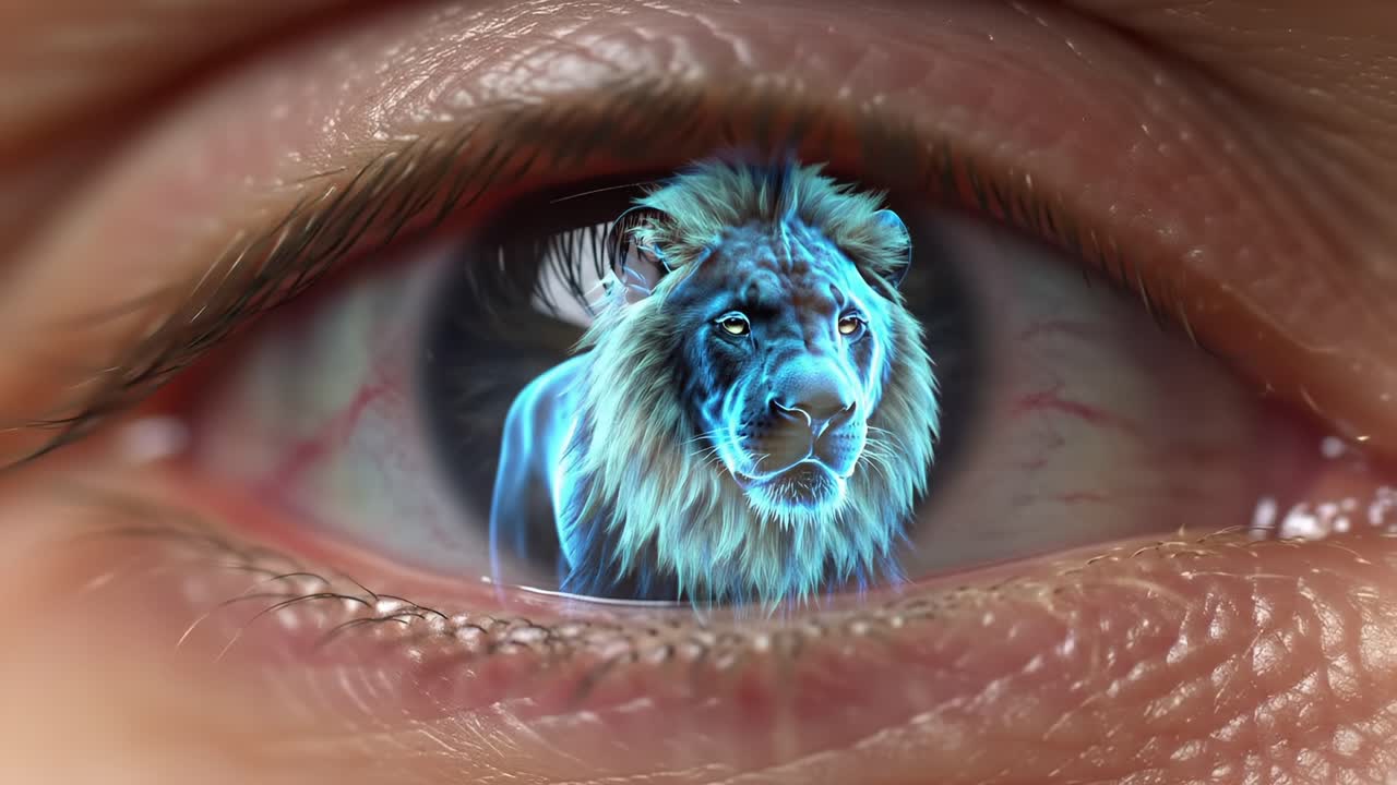Um Visível da Alma: O Leão Majestoso Refletido no Olho Humano Captura a Essência da Força e da Beleza, Fundindo Majestade com Introspecção