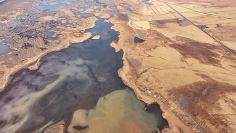 aerial view of the þjórsá river delta in iceland, where winding waterways and wetlands meet the coastline, creating a vast and intricate natural mosaic.