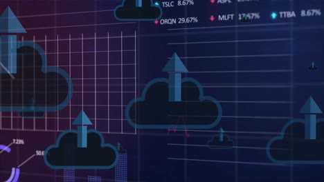 Animation-of-arrow-in-cloud-with-graphs,-computer-language-and-trading-board-over-black-background